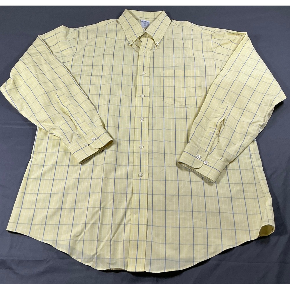 Brooks Brothers 346 Mens Slim Fit Non-Iron Dress Shirt Yellow Check 17 4/5